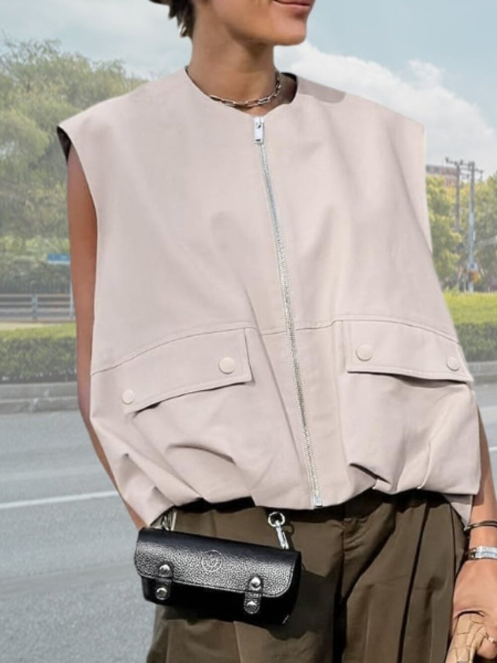 Womens Casual Zip Up Cargo Vest,Oversized Ruched Hem